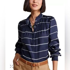 VINEYARD VINES Blue Striped Long Sleeve Ruffle Top Size Medium
